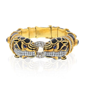 David Webb Platinum & 14K Yellow Gold Double Lion Black Enamel Sapphire Eyes Diamonds Bracelet