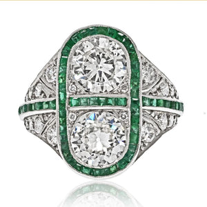 Platinum 4.00cttw Toi Et Moi Old European Diamond And Emerald Ring