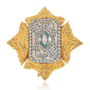 David Webb Platinum & 18K Yellow Gold Maltese Diamond And Emerald Brooch