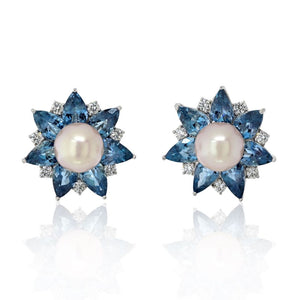 Platinum Aquamarine, Pearl And Diamond Stud Flower Style Earrings