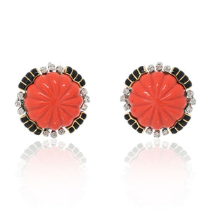 David Webb Platinum & 18K Yellow Gold Carved Coral Bombe Diamond Earrings