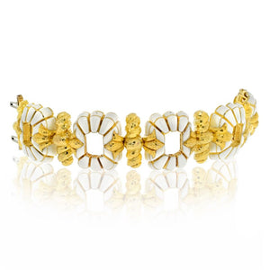 David Webb Platinum & 18K Yellow Gold White Enamel Floral Motif Open Link Bracelet