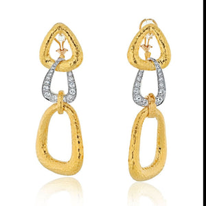 18K Yellow Gold Triple Hoop Hammered Diamond Drop Earrings