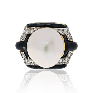 David Webb Platinum & 18K Yellow Gold Pearl, Diamond, Black Enamel Ring