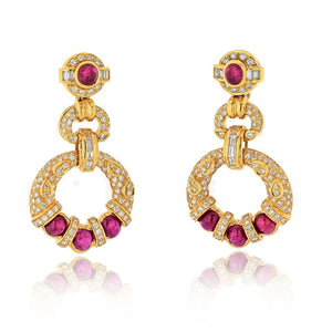 18K Yellow Gold Diamond Ruby Doorknocker Earrings