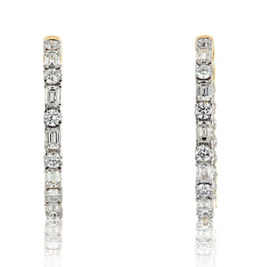 14K Yellow Gold Emerald Cut and Round Cut Diamond Inside Out Earrings