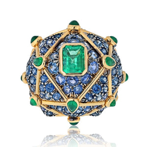 David Webb Platinum & 18K Yellow Gold Geodesic Dome Emerald & Sapphire Ring