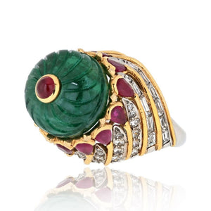 David Webb Platinum & 18K Yellow Gold Mughal Carved Emerald And Ruby Ring