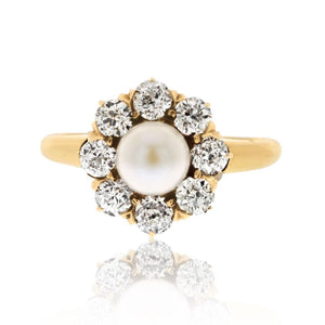 14K Yellow Gold 0.80cttw Old Cut Diamond And Pearl Floral Style Ring