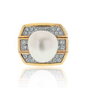 David Webb Platinum & 18K Yellow Gold Pearl And 9.00cttw Diamond Ring