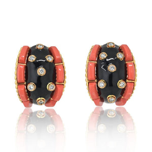 David Webb Platinum & 18K Yellow Gold Coral, Diamond And Black Enamel Earrings