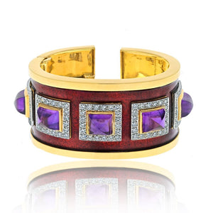 David Webb Platinum & 18K Yellow Gold Bastille Sugarloaf Amethyst Red Enamel Diamond Cuff Bracelet