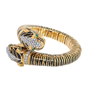 David Webb Platinum & 18K Yellow Gold Double Head Tiger Black Enamel Bracelet