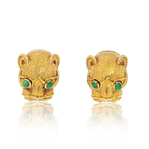 David Webb Platinum & 18K Yellow Gold Leopard Cabochon Emerald Eyes Cuff Links