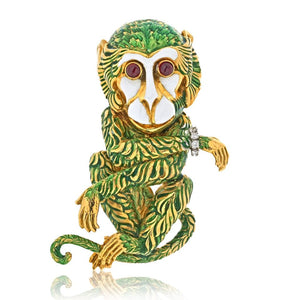 David Webb Platinum & 18K Yellow Gold Gypsy Monkey Green Enamel Brooch