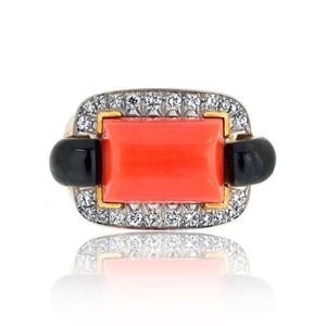 David Webb Platinum & 18K Yellow Gold Coral, Onyx And Diamond Ring