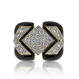 David Webb Platinum & 18K Yellow Gold Black Enamel And Diamond Cocktail Ring