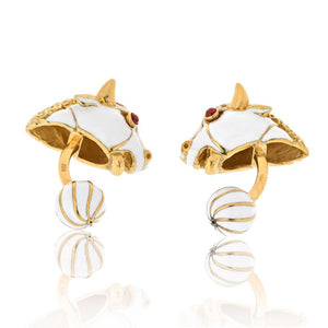 David Webb Platinum & 18K Yellow Gold White Enamel Bull With Ruby Eyes Cuff Links