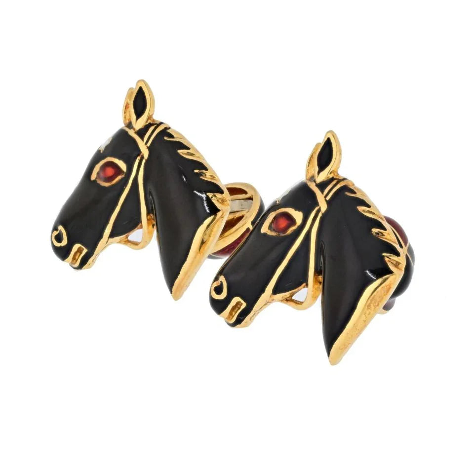 David Webb 18K Yellow Gold Black Enamel Jockey Horse Cuff Links