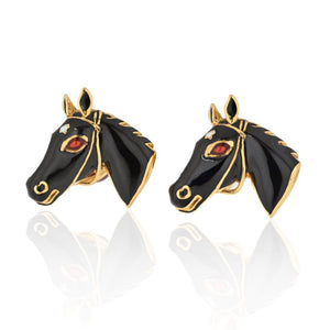 David Webb 18K Yellow Gold Black Enamel Jockey Horse Cuff Links