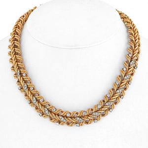 14K Yellow Gold 1950's Weave Twisted Gold Round Diamond Necklace