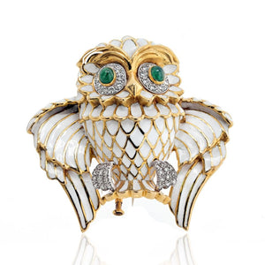 David Webb Platinum & 18K Yellow Gold White Enamel Emerald Eyes Owl Brooch