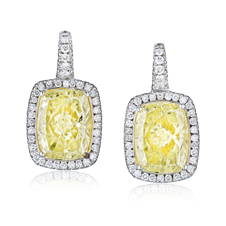 Halo Platinum Fancy Yellow Cushion Cut Diamond Drop Earrings - The Back Vault