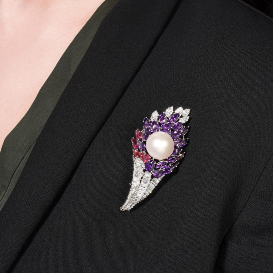 David Webb 18K White Gold Diamond, Amethysts, Ruby And Pearl Brooch - The Back Vault