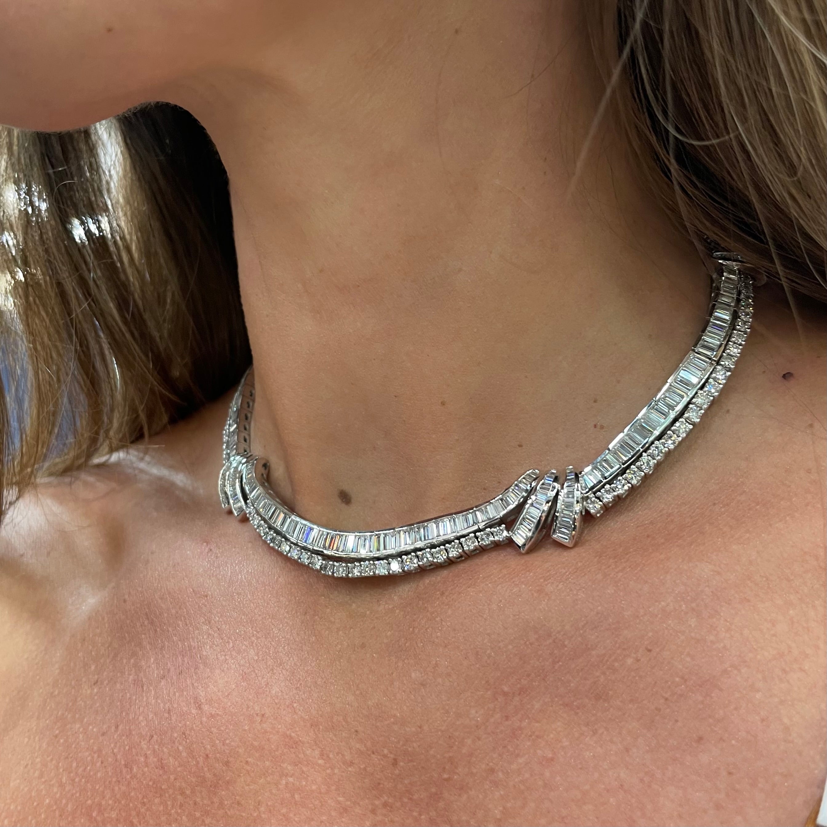 23 Carat Bagutte And Round Diamond Platinum Collar Bridal Necklace