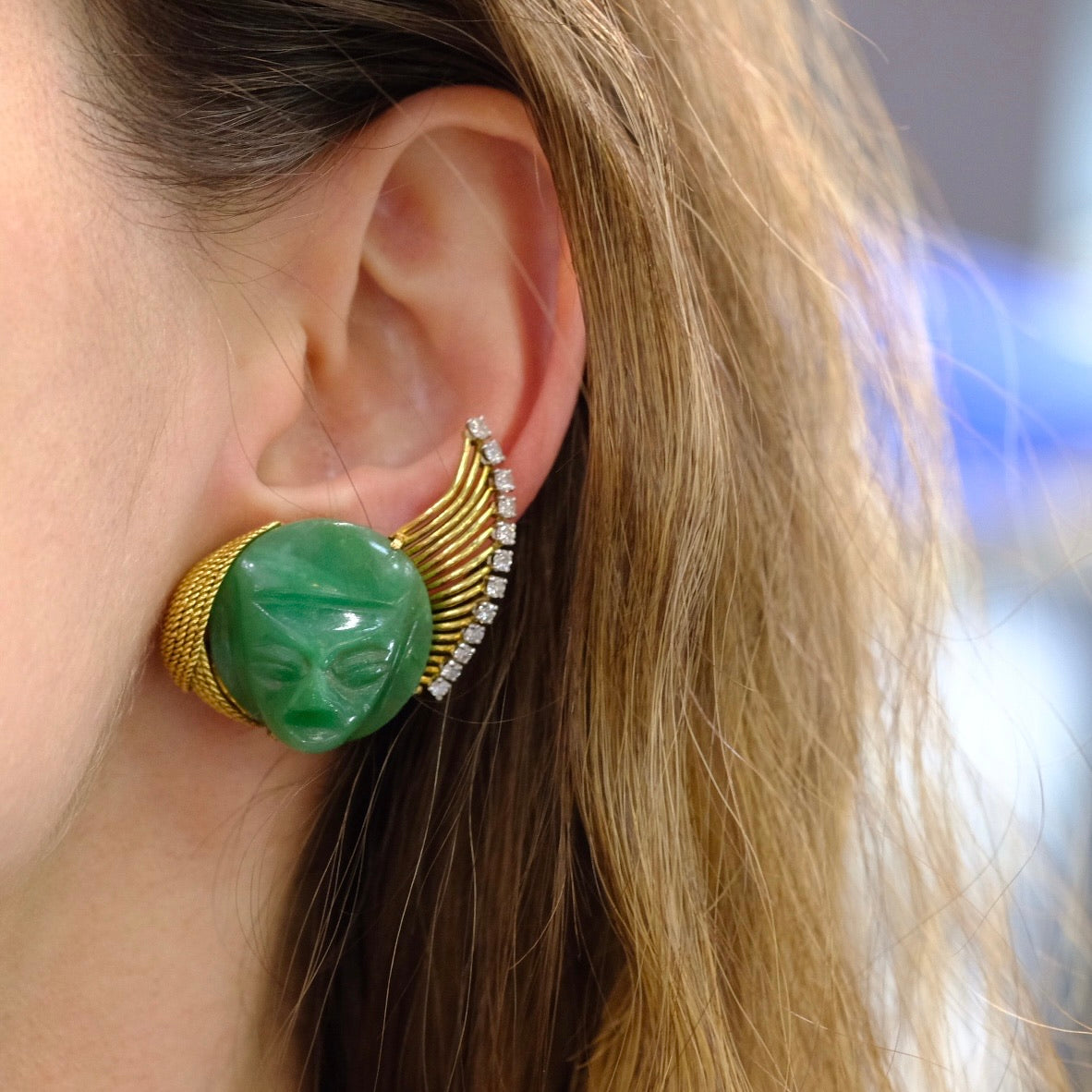 French Platinum & 18K Yellow Gold Carved Jade Faces Clip-On Earrings - The Back Vault Jewelry