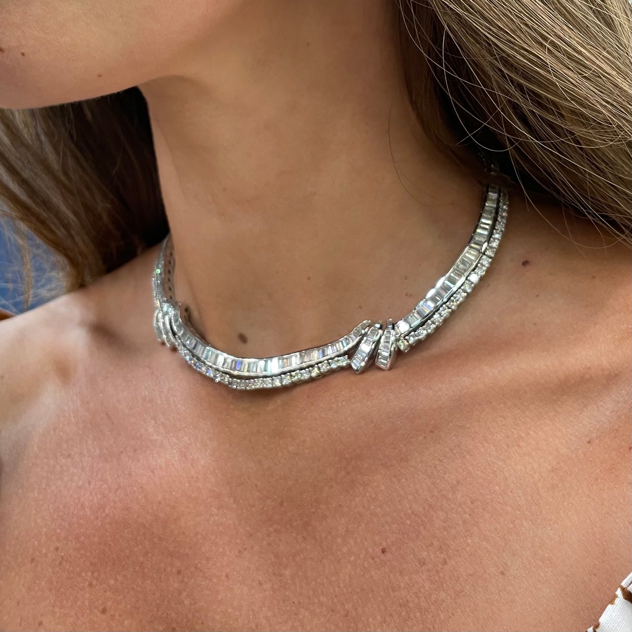 23 Carat Bagutte And Round Diamond Platinum Collar Bridal Necklace