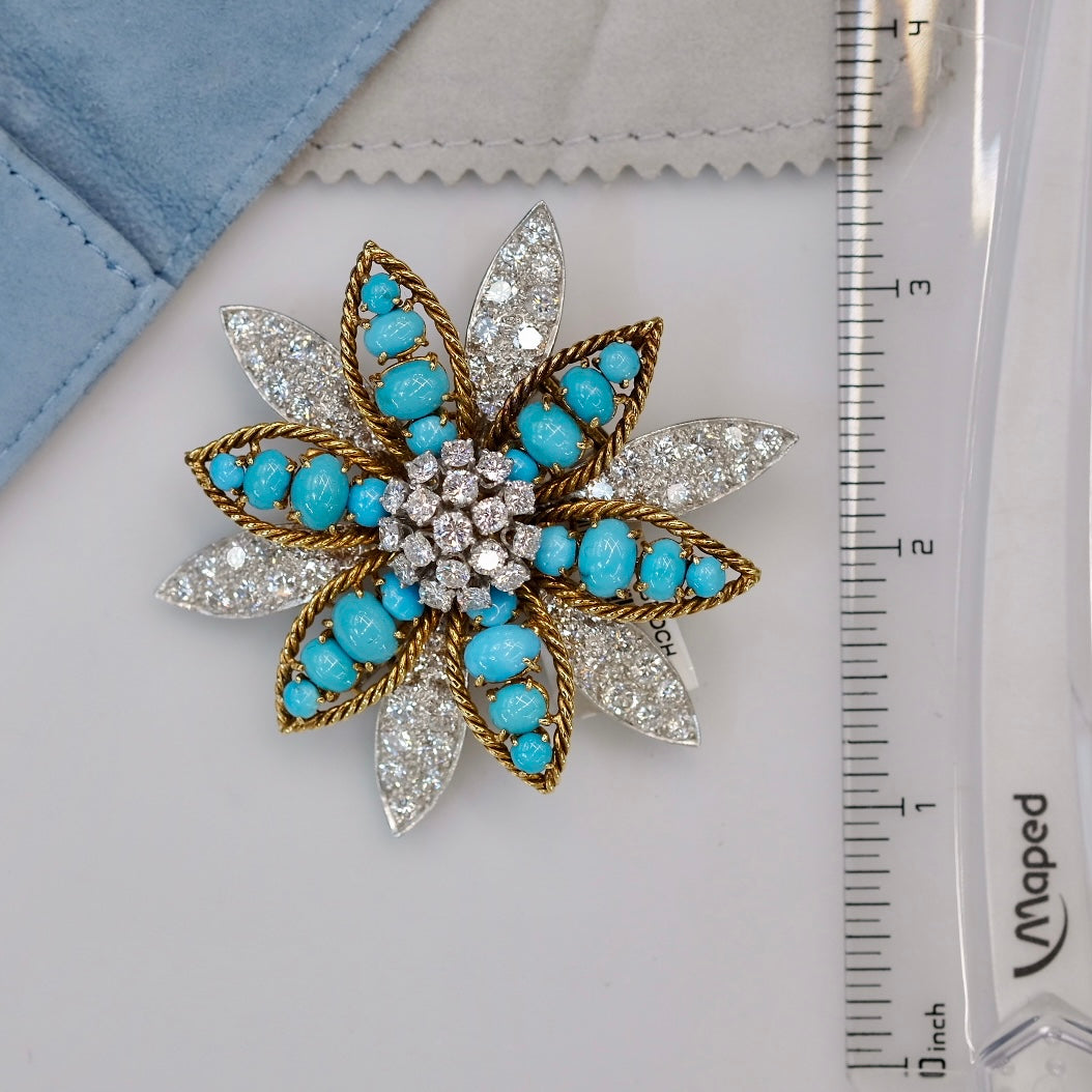 David Webb Platinum & 18K Yellow Gold Turquoise, Diamond Flower Brooch - The Back Vault