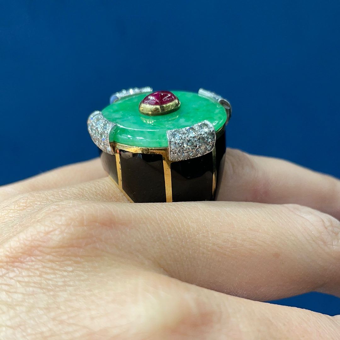 David Webb Jade Platinum & 18K Yellow Gold Black Enamel, Diamonds, Ruby Ring - The Back Vault