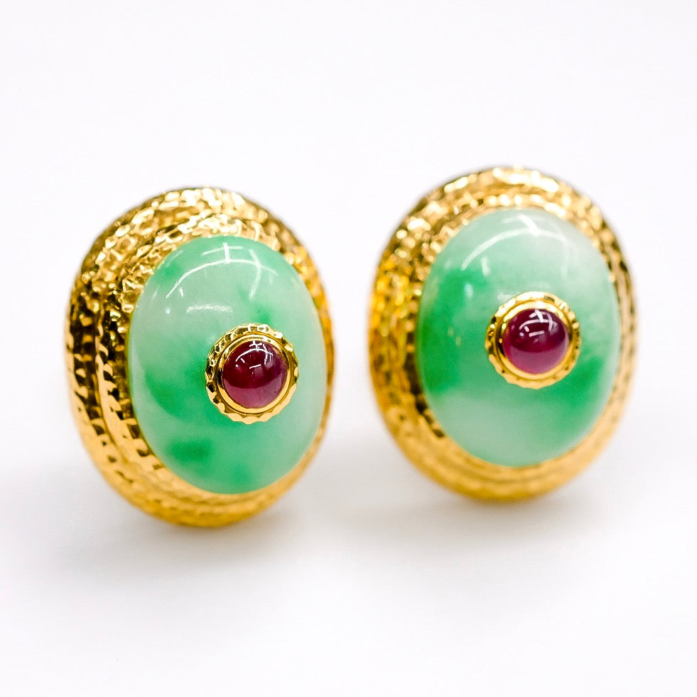 David Webb Platinum & 18K Yellow Gold Large Oversized Jade Ruby Clip On Earrings - The Back Vault