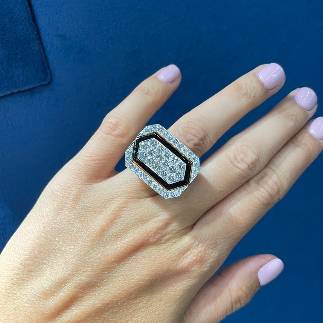 David Webb Platinum & 18K Yellow Gold Black Enamel And Diamond Ring