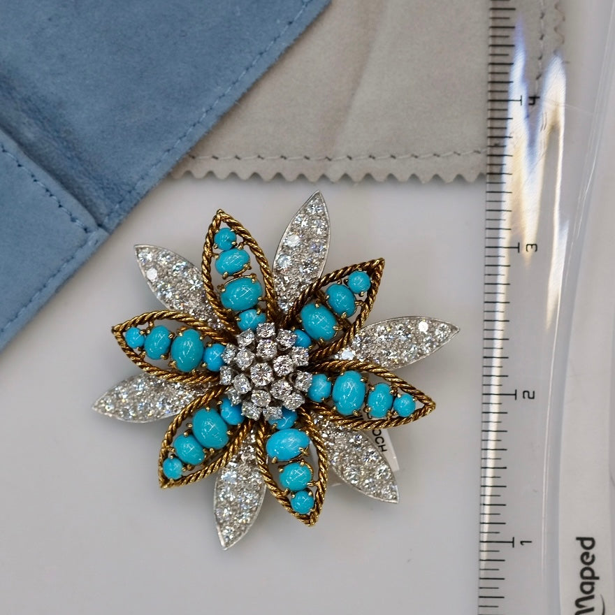 David Webb Platinum & 18K Yellow Gold Turquoise, Diamond Flower Brooch - The Back Vault